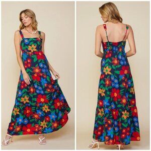 Skies Are Blue Floral Maxi Dress - Red, Blue, Green